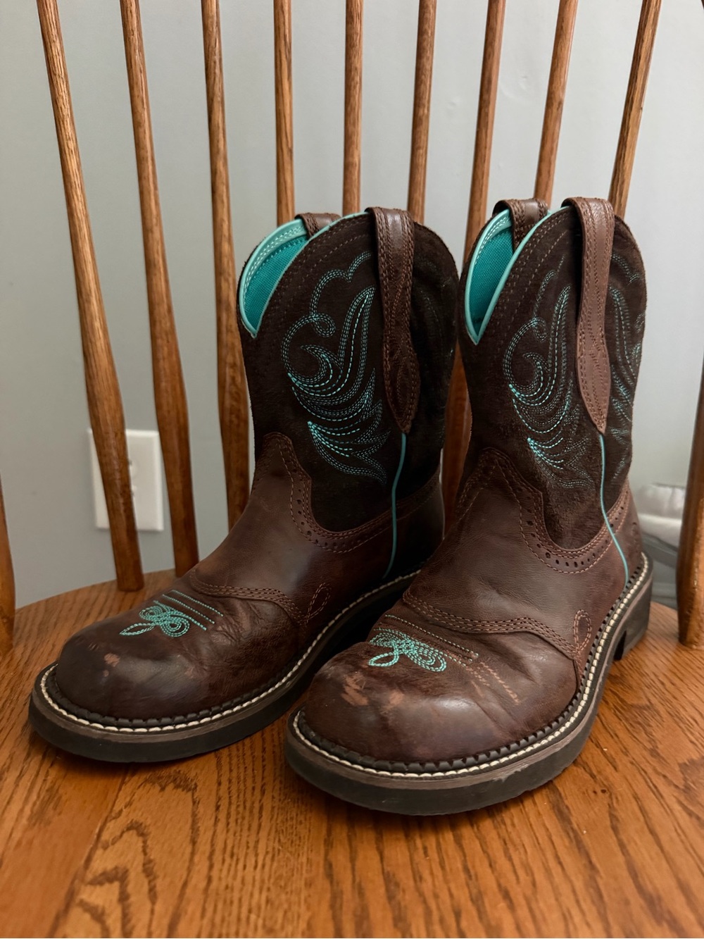Ariat Brown Leather Western Lace-Up Boots with Teal Stitching